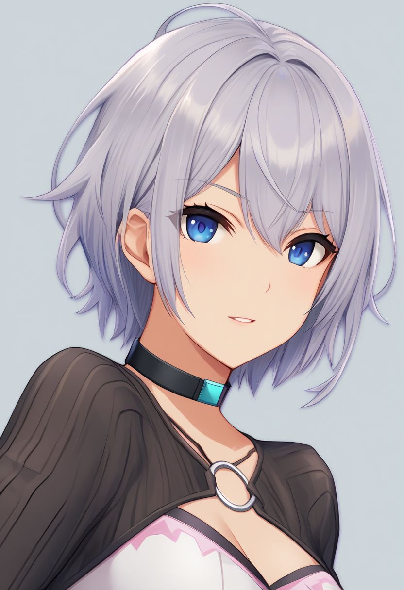 high quality, solo, 1girl, blonde, gray hair, short hair, choker, medium breast, blue eyes,