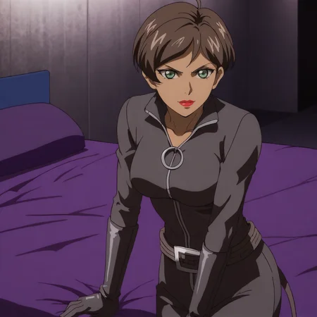 <lora:catwomanhunted_pony_v1:.8>SelinaKyleHunted, 1girl, brown hair, short hair, lipstick, dark-skinned female, dark skin, gloves, makeup, green eyes, bodysuit, breasts, belt
