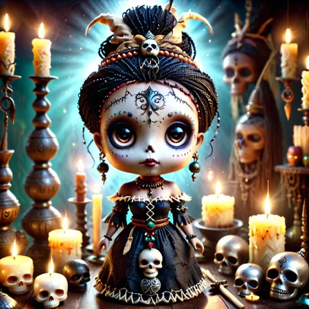 pam-swtvrld woman looking like a voodoo witch,skulls, candles,dark atmopshere,full depth of field and realistic textures,highly detailed,masterpiece,high quality,ral-vudu