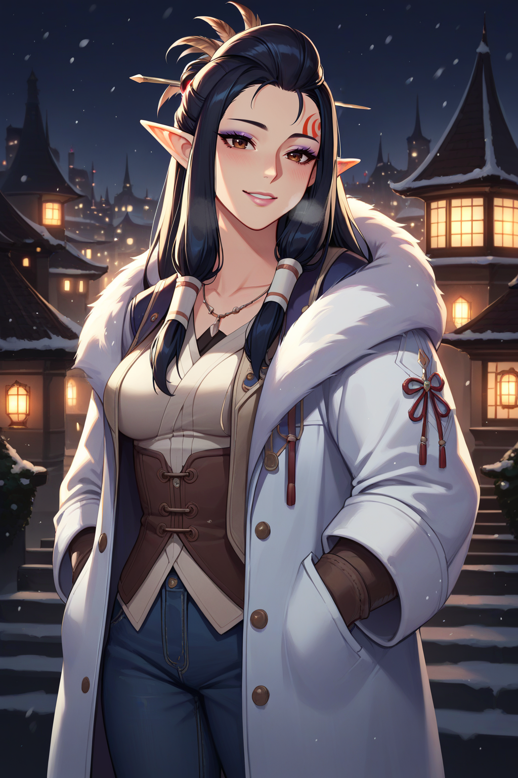 score_9, score_8_up, score_7_up, source_anime, 1girl, prefect lighting, very aesthetic, intricate details, highly detailed background, masterpiece, high quality, prefect hands, best quality, solo,
<lora:Third_Fleet_Master_MHW_V1:.85>, KJOtfm, elf, pointy ears, black hair, brown eyes, hair tubes, half updo, hairpin, feather hair ornament, long hair, forehead mark, purple eyeshadow, pink lips, big nose,
Fur coat, heavy coat, jeans, fur boots,
standing, light smile, teeth, hands in pockets, head tilt, blush, heavy breathing,
Night, city, winter, snow,
(Beautiful, medium Breasts:1.2), natural breasts,