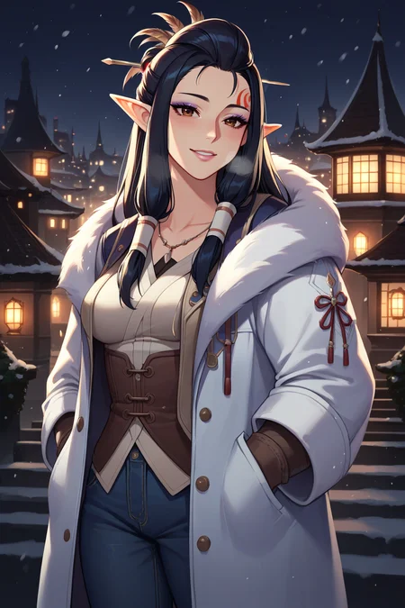 score_9, score_8_up, score_7_up, source_anime, 1girl, prefect lighting, very aesthetic, intricate details, highly detailed background, masterpiece, high quality, prefect hands, best quality, solo,
<lora:Third_Fleet_Master_MHW_V1:.85>, KJOtfm, elf, pointy ears, black hair, brown eyes, hair tubes, half updo, hairpin, feather hair ornament, long hair, forehead mark, purple eyeshadow, pink lips, big nose,
Fur coat, heavy coat, jeans, fur boots,
standing, light smile, teeth, hands in pockets, head tilt, blush, heavy breathing,
Night, city, winter, snow,
(Beautiful, medium Breasts:1.2), natural breasts,