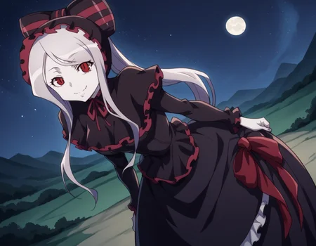score_9, score_8_up, score_7_up, source_anime,
shalltear, <lora:shalltear-bloodfallen-s1s2-ponyxl-lora-nochekaiser:1>,
shalltear, grey hair, long hair, red eyes, silver hair,
black dress, bonnet, bow, dress, frilled dress, frills, large bow, long sleeves, vampire,
outdoors, landscape, night, moon, starry sky, smile, bent over,
looking at viewer, cowboy shot, solo, dutch angle,