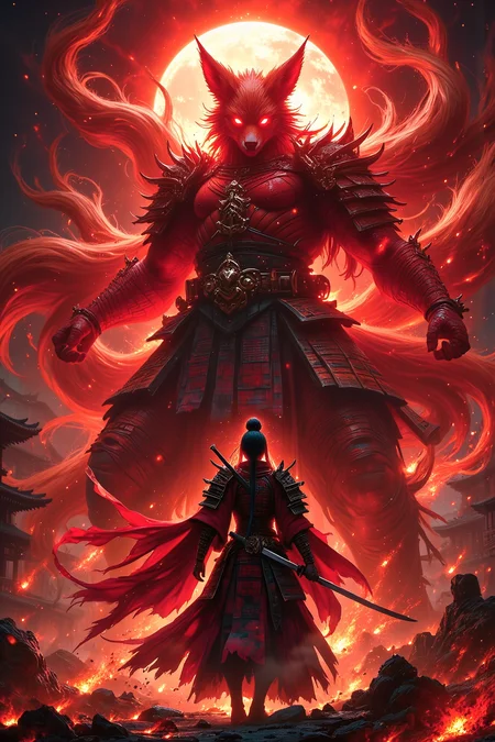 A colossal nine-tailed fox spirit with red and black markings on its fur stands before a crumbling ancient Japanese temple, evoking a sense of awe and ancient mysticism. Beneath a dark red sky that casts an ominous and intense glow over the scene, a fierce female samurai stands atop the giant fox. She is dressed in intricate, traditional samurai armor, gripping a sharp katana in one hand, her gaze filled with steely determination as she looks forward, ready for battle.
The foxâs nine massive tails fan out dramatically behind it, swirling with energy and adding a sense of motion and power to the scene. Floating dust and embers fill the air, giving the impression of a recent fierce battle or powerful magical encounter. The ground is littered with debris, swirling in the dark, mystical atmosphere.
The entire scene is rendered in high contrast with vibrant reds, oranges, and blacks, creating a hyper-realistic depiction of the fantastical moment. Every detail, from the samurai's armor to the fox's flowing fur, is captured with stunning precision. The surreal lighting from the dark red sky adds a haunting and otherworldly tone, highlighting the textures and forms with an ethereal, almost magical intensity.
<lora:FluxMythP0rtr4itStyle:0.85> mythp0rt
<lora:bokeh_flux_ntc:0.75>
<lora:Dever_Flux_Enhancer:0.5>
<lora:Aura_Flux:0.5>