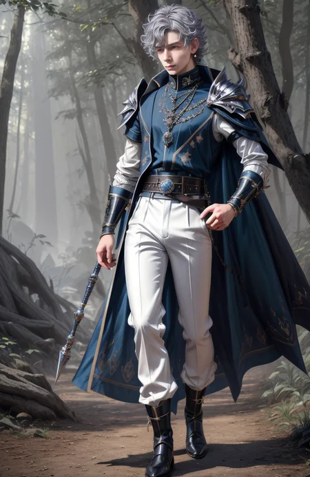 8k, wolf prince, ((masterpiece)).((best quality:1.2)), sharp focus, full body, head to toe, 1 young man, 22 years old, youthful appearance, male focus, dynamic pose, silver colored hair, curly hair, EYESHD, small testicle bulge, Nora outfit fur accents, Nora outfit bead necklaces, Nora outfit pants, Nora outfit hip quiver, Nora outfit leg guards, Nora outfit arm braces, Nora outfit belt with pouches, and Nora outfit fur boots, defined body, thin waist, looking at camera, armor, he has a pet wolf, detailed background a wooded clearing, a pet wolf standing nest to him,(absurdres) , <lora:more_details:0.5>, <lora:wrenchftmfshn>,<lora:add-detailxl:0.8>, <lora:Eyes_High_Definition-000007>, , <lora:lightup_brightness_v200:1>, <lora:Nora:1>