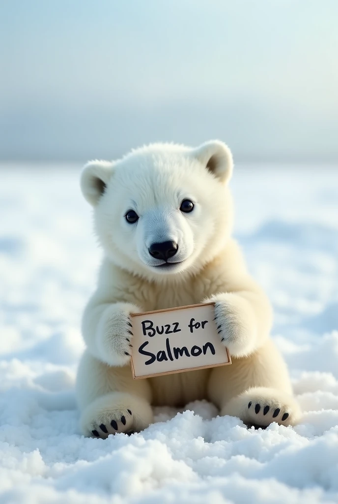 cute polar bear cub looking at camera with an expectant gaze, cute polar bear cub holding a placard that says "Buzz for Salmon", location is Arctic Circle in Russia, daytime, snowy surroundings
