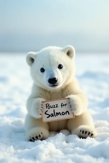 cute polar bear cub looking at camera with an expectant gaze, cute polar bear cub holding a placard that says "Buzz for Salmon", location is Arctic Circle in Russia, daytime, snowy surroundings