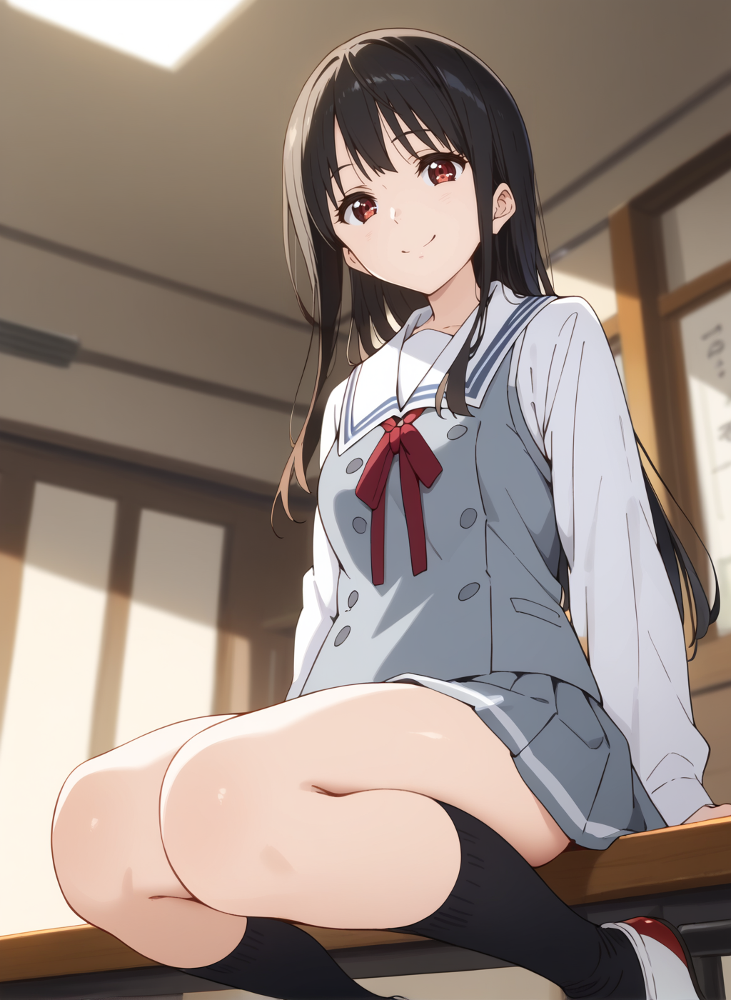 score_9,score_8_up,score_7_up,source_anime,anime,nsfw,rating_explicit,uncensored,High quality,Ultra detailed,best quality,insanely detailed,beautiful,masterpiece,perfect lighting BREAK
<lora:nase_mitsuki_V1:1>,(nase_mitsuki, long hair, black hair, red eyes,school uniform,serafuku,white shirt,black socks,grey skirt,kneehighs,long sleeves,neck ribbon,pleated skirt,white sailor collar,grey vest,shoes),1girl,solo,kind_smile,arched_back,indoors,looking_at_viewer,solo_focus,from_below,