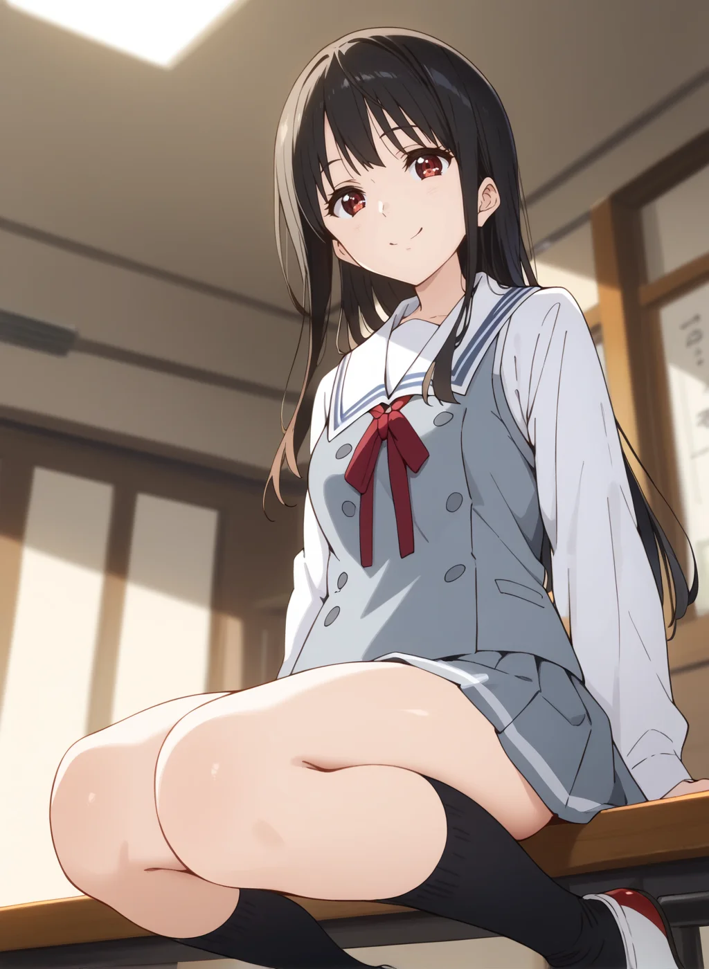 score_9,score_8_up,score_7_up,source_anime,anime,nsfw,rating_explicit,uncensored,High quality,Ultra detailed,best quality,insanely detailed,beautiful,masterpiece,perfect lighting BREAK
<lora:nase_mitsuki_V1:1>,(nase_mitsuki, long hair, black hair, red eyes,school uniform,serafuku,white shirt,black socks,grey skirt,kneehighs,long sleeves,neck ribbon,pleated skirt,white sailor collar,grey vest,shoes),1girl,solo,kind_smile,arched_back,indoors,looking_at_viewer,solo_focus,from_below,