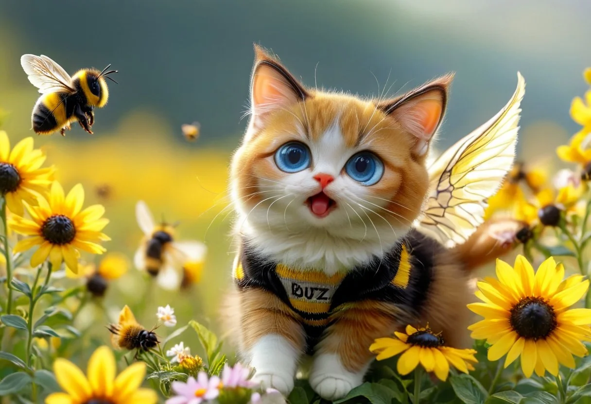 photorealistic
a flying kitten with a sign around their neck, flying cat, cat bee hybrid, bumble bee fur, ((kitten has yellow and black striped fur)), (((bee wings))), blue eyes, (((Sign hanging around neck that says "Buzz Buzz"))), kitten is flying over a flower field with vibrant colors
1cat
highly detailed, aesthetic, great lighting, extremely detailed, award winning, perfect composition, a rich and complex image of nature, a vibrant tissue of hues and textures captured digitally, best quality, realistic, captivating, intricately detailed, hyper detailed, maximalist style, photorealist, sharp focus, dynamic lighting, superb composition, finest details, highest aesthetics, best quality, sharp focus, high contrast, stylized, clear, colorful, ultra quality, 8k, best quality, masterpiece,midjourneyv6.1
AP, no humans, animal focus, cat ,looking at viewer, animal,whiskers