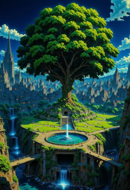 AnimeSky style, anime style, high lighting, Futuristic style city, with an octagon shape and canals that connect in the center of the city, the central focus is a large tree that emanates a blue light, a labyrinth surrounds the tree and connects with bridges between the canals towards the city,
high quality, best quality, masterpiece, high definition, high resolution