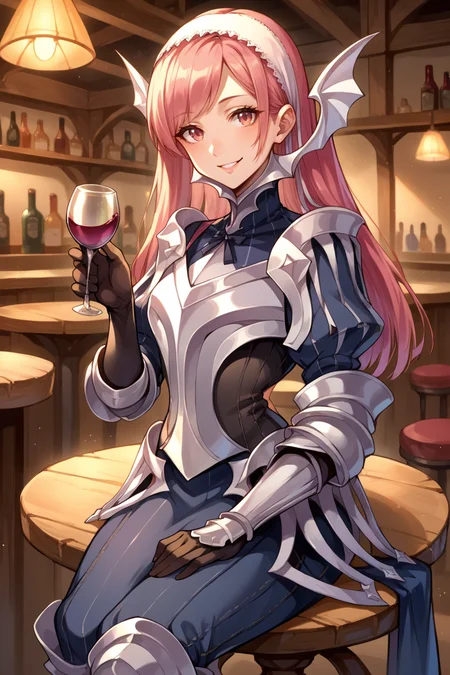 score_9, score_8_up, score_7_up, score_6_up, source_anime BREAK 1girl, solo, <lora:fecherche-pdxl-nvwls-v1-000005:1> defcherche, pink hair, white hairband, headgear, armor, armored dress, gauntlets, black gloves, armored boots, sitting, bar, tavern, sitting in chair, table, wine, wineglass, looking at you, smile