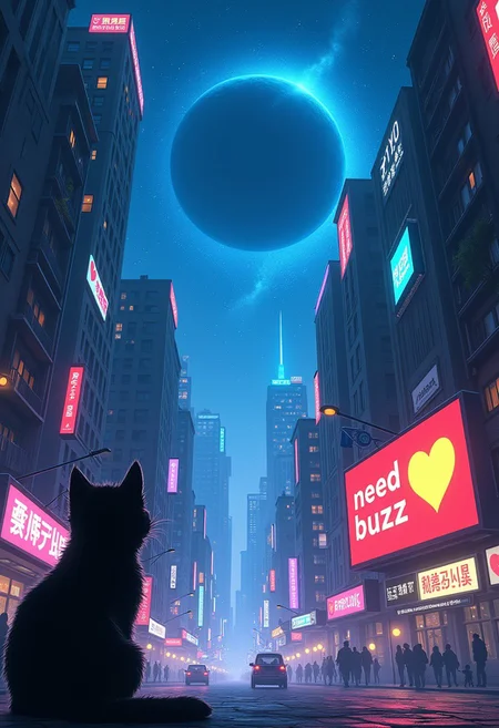 High quality, high resolution, high definition,
A magical city with faint neon lights on the skyscrapers, a planet emitting blue light, with the view from behind a cat looking down at the city with a large sign that says "need buzz" with a yellow heart, citybkg, anime style, high ilumination, galaxy sky, calid colours, carteles de publicidad con letras japonesas