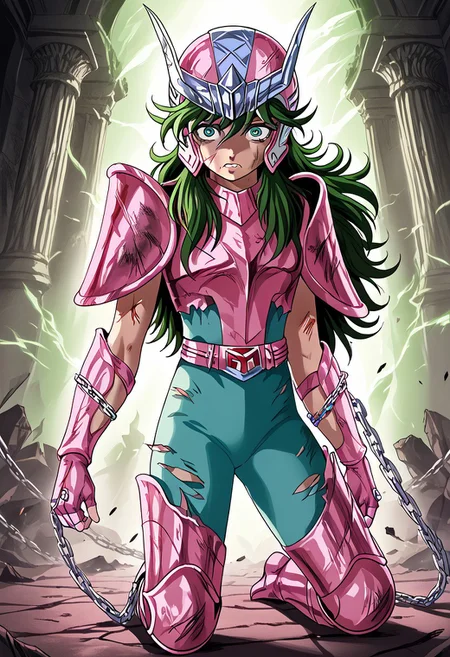 score_9, score_8_up, score_7_up, masterpiece, ANDROMESHUN,andrshunv1, 1boy, slender figure, pink pauldrons, pink two pronged helmet, long wavy green hair, green eyes, pink armor, pink vambraces, fingerless pink gloves, pink thighhigh greaves, green pants, pink belt, pink boots, chains, (((on knees))), (highly detailed:1.2), (intricate:1.2), (best quality:1.2),(8k:1.2), (sharp:1.2), (majestic:1.2), natural lighting, detail++, burning ruin greek temple backdrop, looking at viewer, scared look, BattleDamage, bruises, damaged, torn clothes, damaged armor,