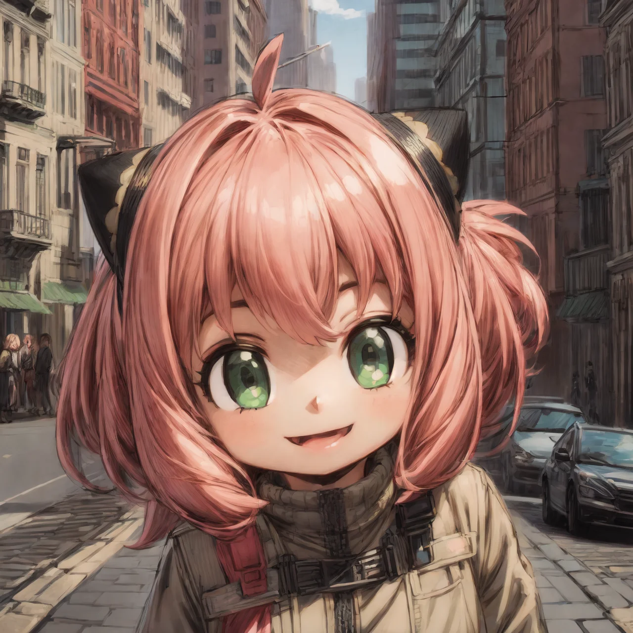 anya \(spy x family\), <lora:anya_forger_spyxfamily:1>, cute, wholesome, smile, city, high quality, highres, masterpiece, best quality, 8k, intricate, detailed, <lora:add_detail:0.6>, very detailed, <lora:more_details:0.6>, <lora:JuggerCineXL2:0.6>, <lora:NsfwPovAllInOneLoraSdxl:0.5>, <lora:Smooth Anime 2 Style SDXL_LoRA_Pony Diffusion V6 XL:0.6>