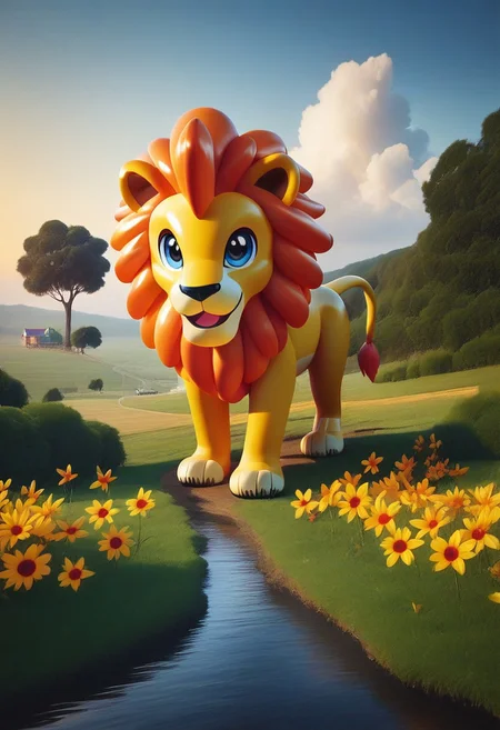 score_9, score_8_up, masterpiece, extremely detailed, best quality, highres, Latex, googly eyes, lion, savana, scenery