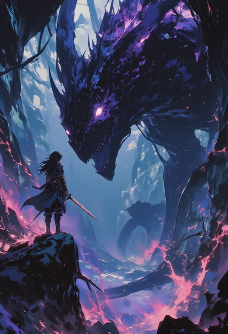A young warrior standing on a rocky outcrop, gripping her sword tightly as she faces a massive, dark dragon with glowing eyes. The scene is filled with swirling light and magical energy, creating an intense and otherworldly atmosphere in the cave. (surreal fantasy style).
ne0nfant4sy <lora:RetroAnimeFluxV1:0.5> <lora:NeonFantasyFLUX:0.3>