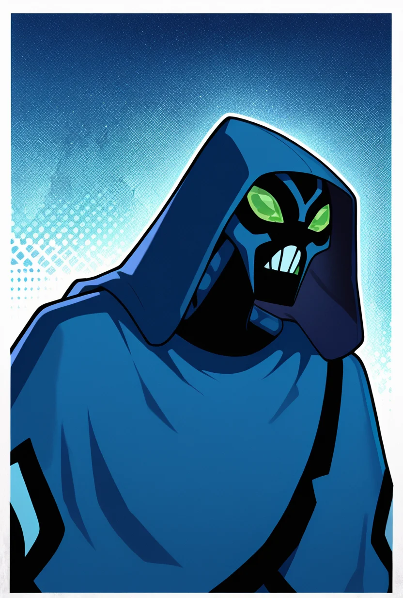 <lora:bigchill-07:1> bigchill, solo, 1boy, green eyes, blue skin, no humans, green sclera, teeth, no pupils,, hood, blue cloak, blue background, dynamic pose, masterpiece, best quality, amazing quality, very aesthetic, absurdres, newest,, upper body, halftone effect, white borders, abstract background:1.2,