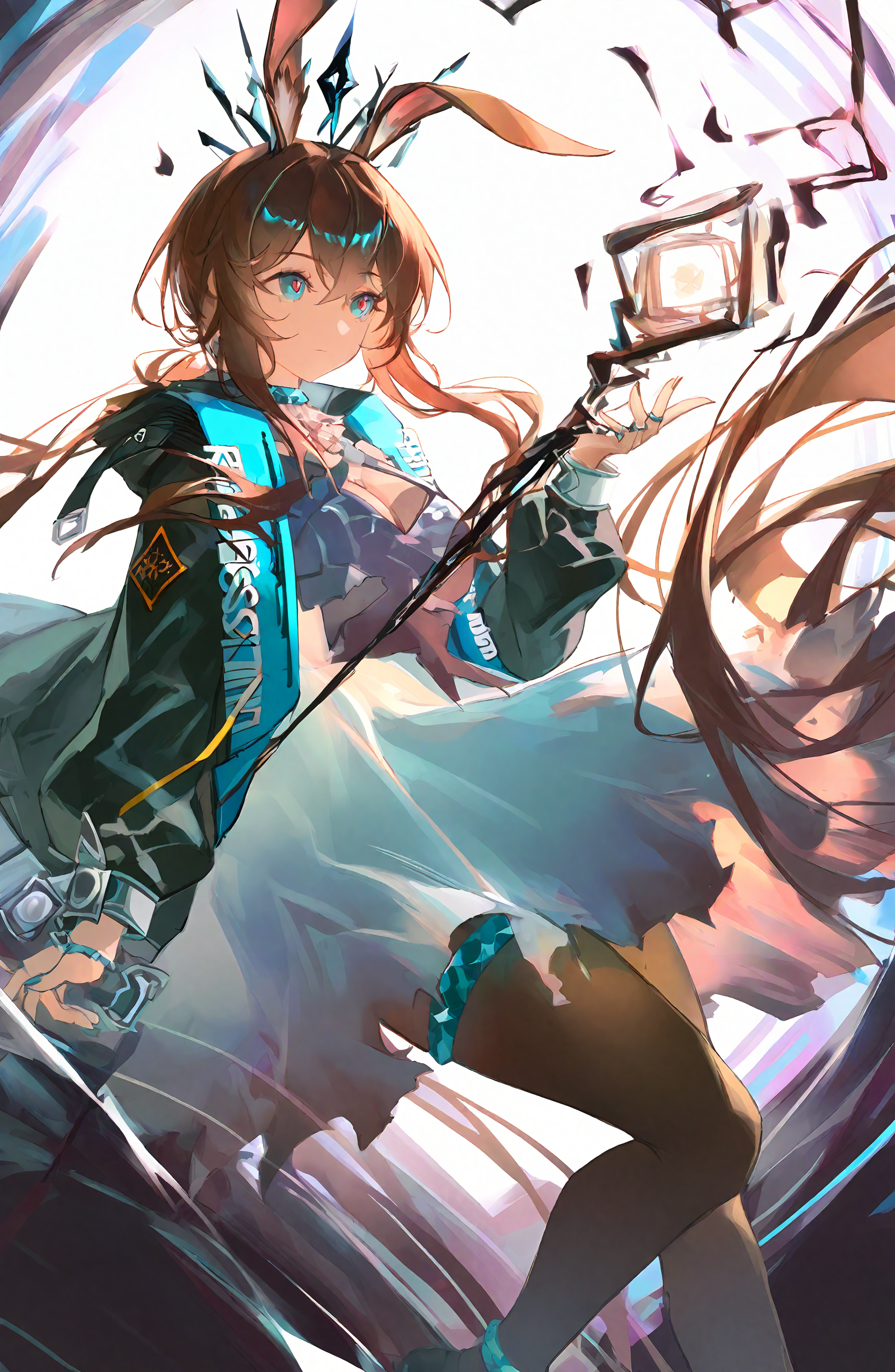 amiya_\(arknights\), 1girl, solo, long_hair, blue_eyes, brown_hair, long_sleeves, dress, holding, animal_ears, hair_between_eyes, jewelry, very_long_hair, jacket, sidelocks, pantyhose, open_clothes, rabbit_ears, open_jacket, black_jacket, black_pantyhose, feet_out_of_frame, ascot, crown
