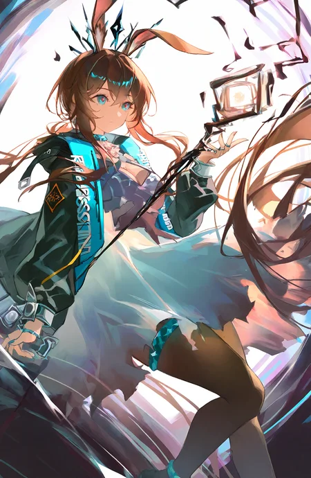 amiya_\(arknights\), 1girl, solo, long_hair, blue_eyes, brown_hair, long_sleeves, dress, holding, animal_ears, hair_between_eyes, jewelry, very_long_hair, jacket, sidelocks, pantyhose, open_clothes, rabbit_ears, open_jacket, black_jacket, black_pantyhose, feet_out_of_frame, ascot, crown