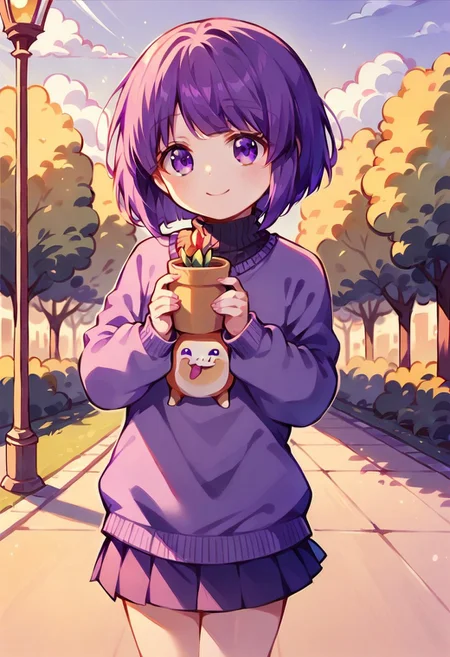core_9, Score_8_up, Score_7_up, 1girl, solo, original anime, mion, Kiki girl, short hair, purple hair, (purple eyes: 1.1), skirt, pleated skirt, purple skirt, sweater, purple sweater, smiling, playing in a park, beautiful sky, chibi