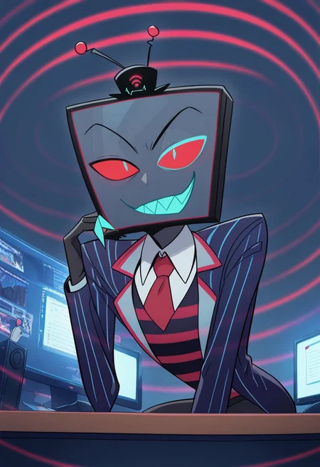 score_9, score_8_up, score_7_up,
masterpiece, best quality, detailed, amazing quality,
detailed background, office,
detailed eyes, clean eyes,
dynamic pose, sitting on desk, leaning forward,
static screens, spiral screens,
1man,
Vox, TV head, television head, rectangular Head Cyan screen, cyan screen, red sclera, blue pupils, blue teeth, tophat, TV antennas, red and black striped shirt, dark blue coat, red tie, black skin, smirk,
(hypno wave)++,
easynegative