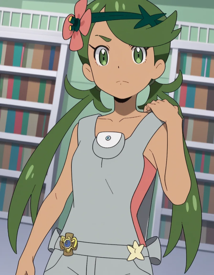 score_9, score_8_up, score_7_up, source_anime, <lora:pokemon-mallow-anime-ponyxl-lora-nochekaiser:1>, mallow, long hair, bangs, hair ornament, twintails, green eyes, flower, green hair, hair flower, dark skin, dark-skinned female, swept bangs, mallow (pokemon), collarbone, sleeveless, pink shirt, overalls,, bookstore, browsing shelves, new book smell, finding a favorite, quiet atmosphere, , looking at viewer, hand on shoulder, foot crossed over, knee up, solo,, cowboy shot, dutch angle