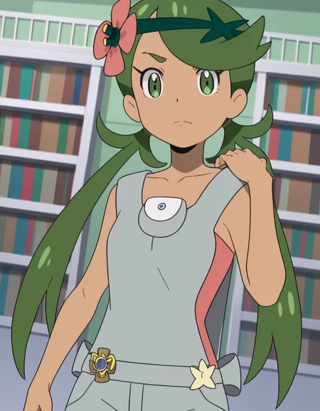 score_9, score_8_up, score_7_up, source_anime, <lora:pokemon-mallow-anime-ponyxl-lora-nochekaiser:1>, mallow, long hair, bangs, hair ornament, twintails, green eyes, flower, green hair, hair flower, dark skin, dark-skinned female, swept bangs, mallow (pokemon), collarbone, sleeveless, pink shirt, overalls,, bookstore, browsing shelves, new book smell, finding a favorite, quiet atmosphere, , looking at viewer, hand on shoulder, foot crossed over, knee up, solo,, cowboy shot, dutch angle