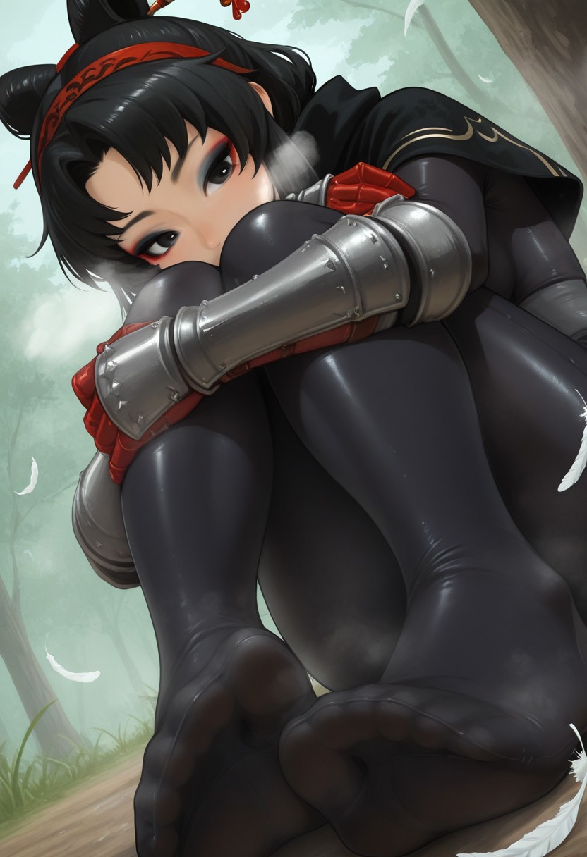 outdoors, undershirt, falling feathers, black bodysuit, hair stick, hugging knees, knees to chest, gauntlets, eyeshadow, red gloves, two sides up, black capelet, red hairband, black eyes, 1girl, solo, feet, visible breath, dynamic angle, foreshortening, smell, steam,onkinky