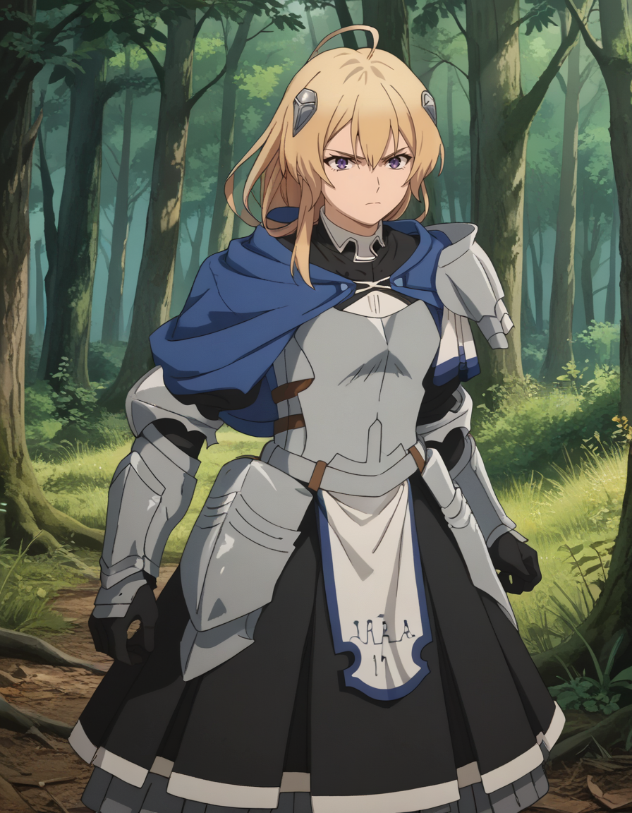 source_anime, score_9, score_8_up, score_7_up, score_6_up, score_5_up, score_4_up, rating_explicit,high resolution, detailed eyes,anime screencap,outdoors,forest,simple background,
,1girl,solo,front view,(fullbody:1.2),fighting pose,
haines <lora:pony_haines:0.9>,
long hair,blonde hair,bangs,hair ornament,capelet,purple eyes,hair between eyes,armor,ahoge,breastplate,gauntlets,shoulder armor,knight,gloves,armored dress,pauldrons,ponytail,plate armor,sidelocks,skirt,armored boots,
serious,looking at viewer,