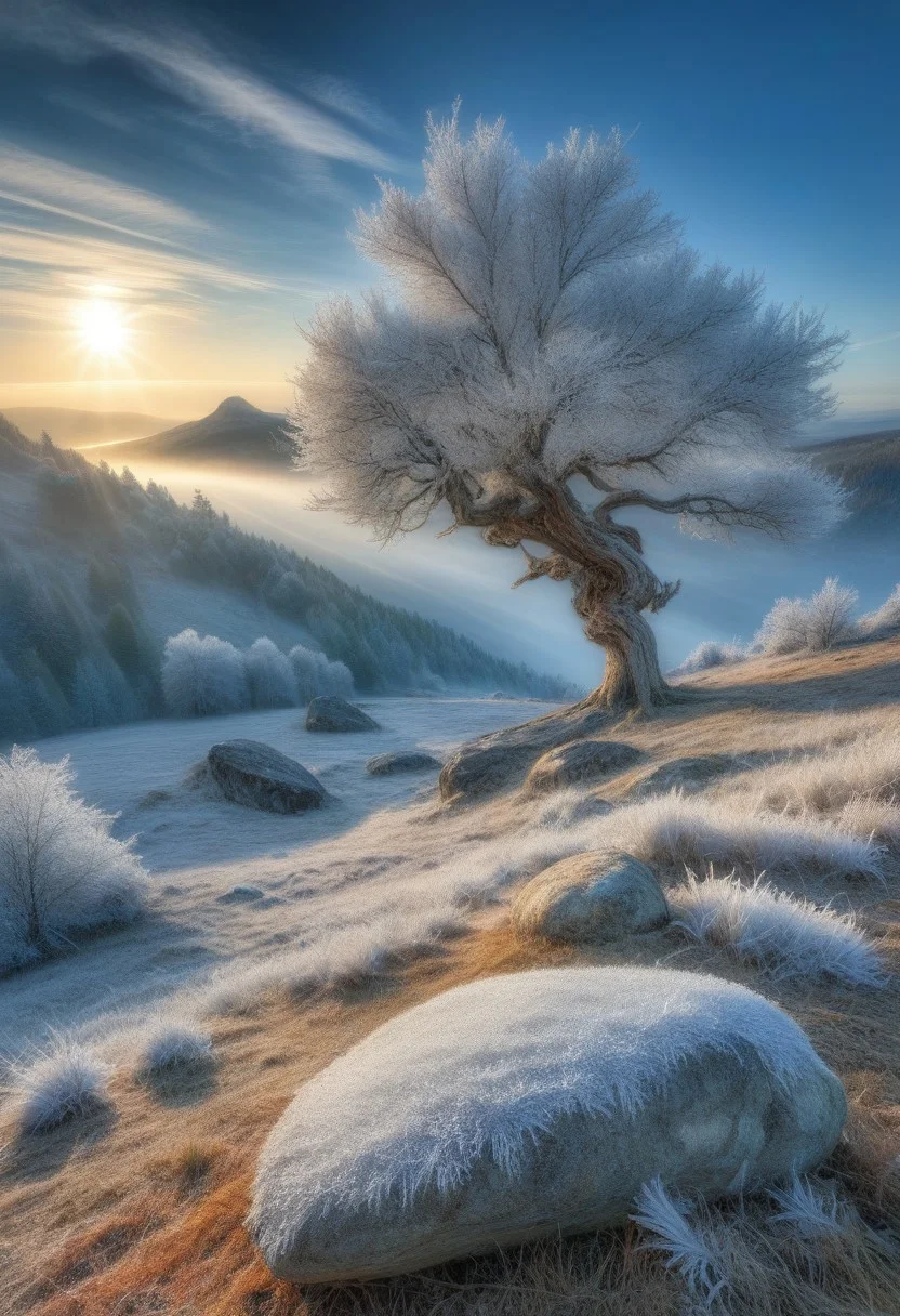 epic landscape, HDR, detailed, morning frost world, outdoor, tree, sky, cloud, day, nature, forest, rock, mountain