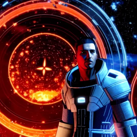 a mystic (wearing a robe), sitting in a glowing and floating circle surrounded by stars and space MassEffectEmbed