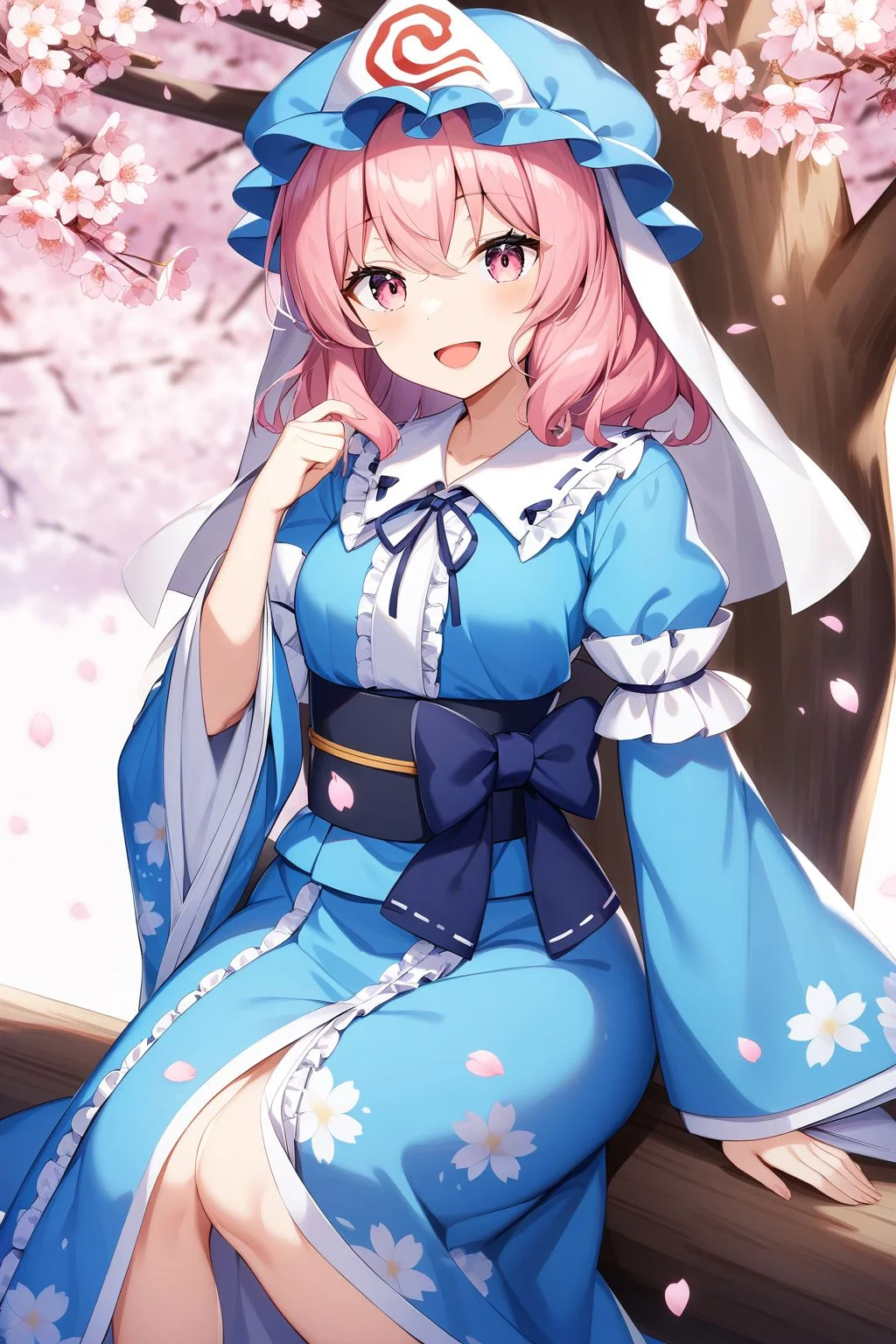 <lora:saigyouji_yuyuko XL:1>,, saigyouji yuyuko, 1girl, solo, hat, triangular headpiece, japanese clothes, open mouth, cherry blossoms, kimono, sitting, smile, mob cap, sash, tree, looking at viewer, long sleeves, wide sleeves, obi, frills, ribbon, blue kimono, frilled kimono, petals, veil, blue headwear, sitting in tree, floral print, :d, masterpiece,best quality,very aesthetic,absurdres