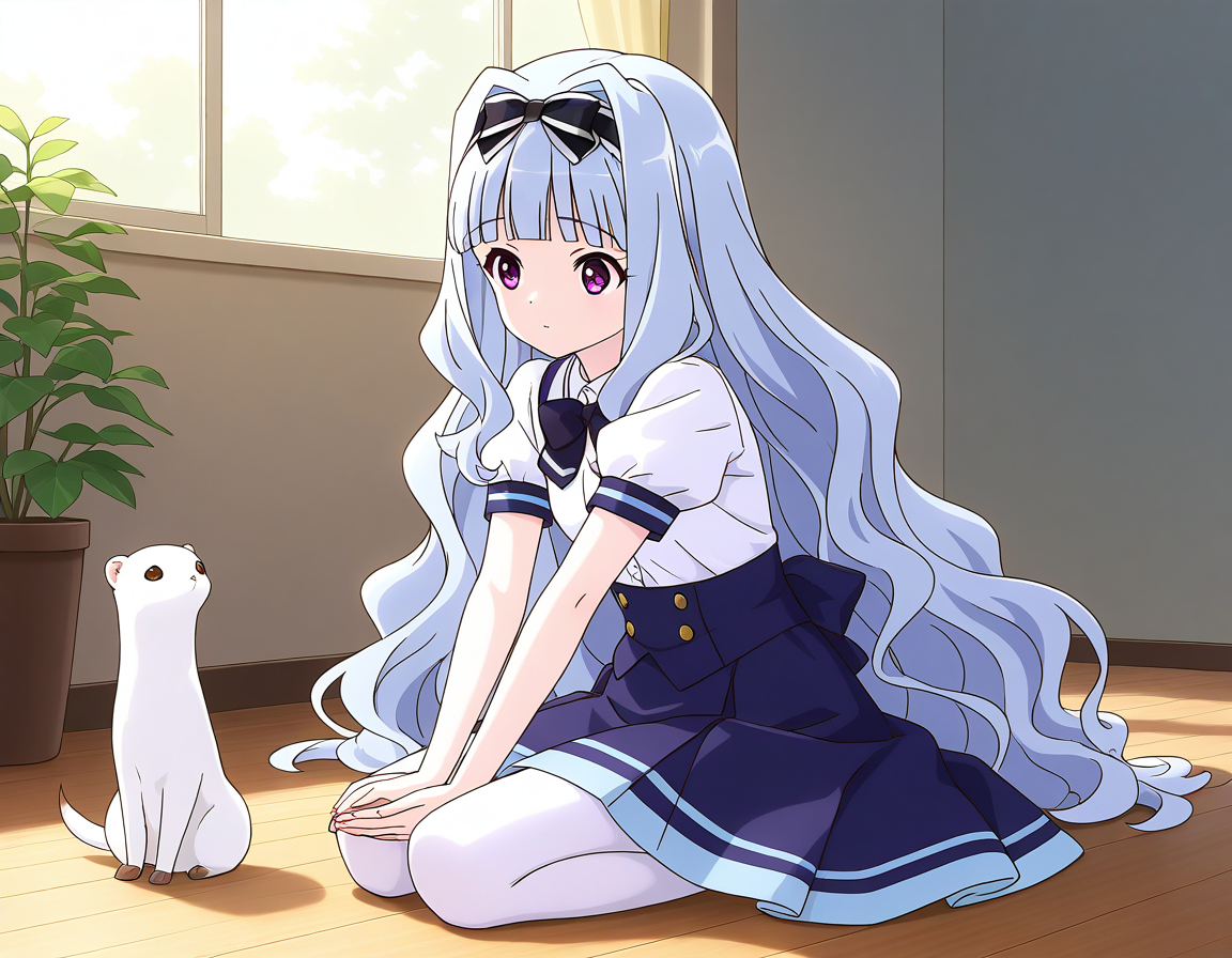 general,highres, ultra-detailed,very aesthetic,best quality ,best hands,  BREAK <lora:Watayuki_BP_IS:1>Watayuki(BP), 1girl,solo, hairband, very long hair, hair bow, purple eyes,  hair intakes, light blue hair, blunt bangs, wavy hair,
sitting, bow, shijou takane, skirt, pantyhose, seiza, indoors, school uniform, plant, white pantyhose, blue skirt,
black bow, short sleeves, animal, solo focus, potted plant,  shirt, puffy sleeves,
multiple_animals,  white_ferret,