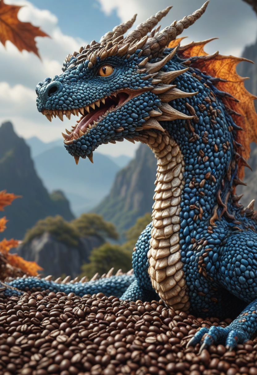 reality-shot, realism, realistic photography of a very detailed Jed-cofbns  dragon, awesome appearance, magical landscape with enchanted elements, fantasy art style, dark blue theme, intricate details, ultra sharp, exquisite detail, flawless composition, vivid colors, masterpiece, exciting background <lora:CoffeeBeansStyle:1>