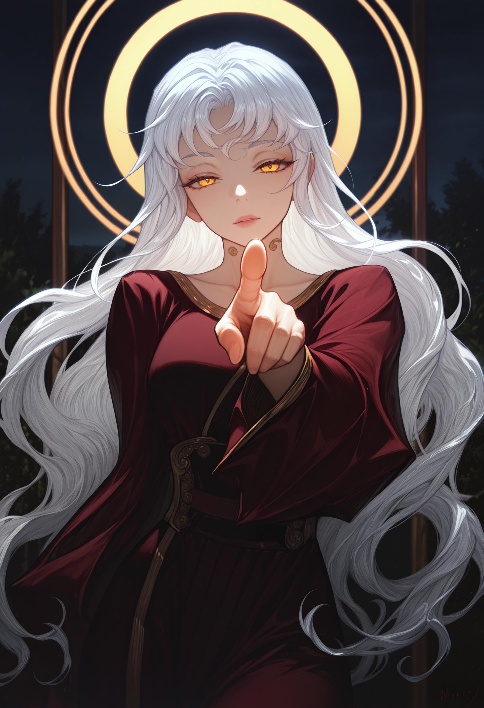 1girl, looking at viewer, pointing at viewer, posing, empress, saintess, diffused angel halo, white hair, long hair, half-closed eyes,

outdoors, bright background, ambient lighting,