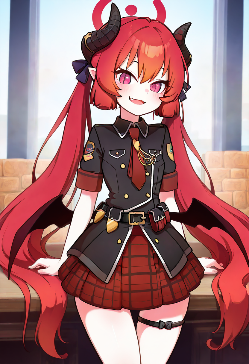masterpiece, best quality, solo, curvy, beautiful eyes,  narrow waist, wide hips, zzJunko, red eyes, red halo, red hair, horns, long hair, twintails, halo, demon horns, pointy ears, wings, hair between eyes, demon wings, very long hair, black horns, low wings, ribbon black shirt, pleated skirt, red skirt, short sleeves, plaid skirt, red necktie, thigh strap, belt, fang, black footwear, boots,  ,       <lora:JunkoBlueArchiveIXL:1.0>, , smile, looking at viewer, cowboy shot,  ,<lora:theOtherHalfNAI:0.8>,