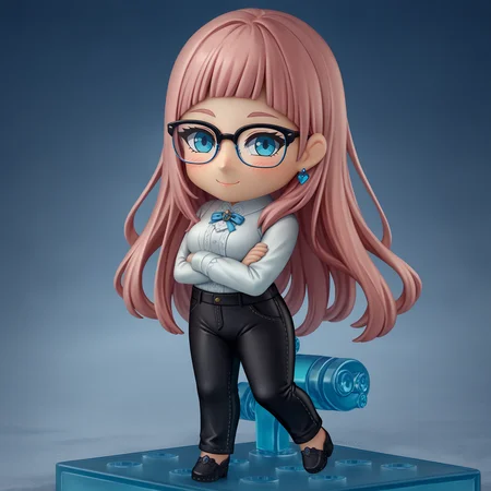 score_9, score_8_up, score_7_up, faux figurine, nendoroid, full body, figure, platform, solo, <lora:Nendoroid_pdxl_Incrs_v1:1>, <lora:felicia-fe-richy-v2_pdxl:1> flcrnd, blue eyes, pink hair, long hair, blunt bangs, breasts, white shirt, black pants, indoors, smile, blush, closed mouth, looking at viewer, earrings, <lora:raybanclubmaster-concept-richy-v1_pdxl:0.8>, r glasses, black-framed eyewear, crossed arms, shoes,, chibi,