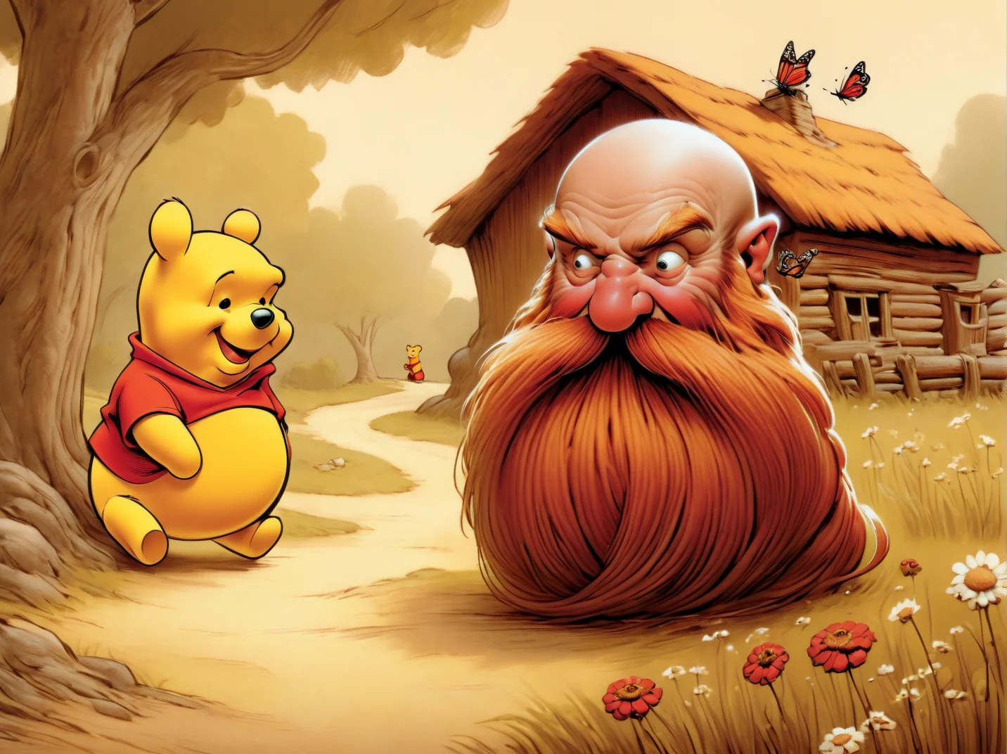 (Winnie the Pooh)
AND (Harry_Dwarf) hanging out, <lora:Harry_Dwarf:1>, red long beard, braided moustache, bald, field, flowers, butterflies, bees, log cabin in the background, (butterfly on nose), whimsical