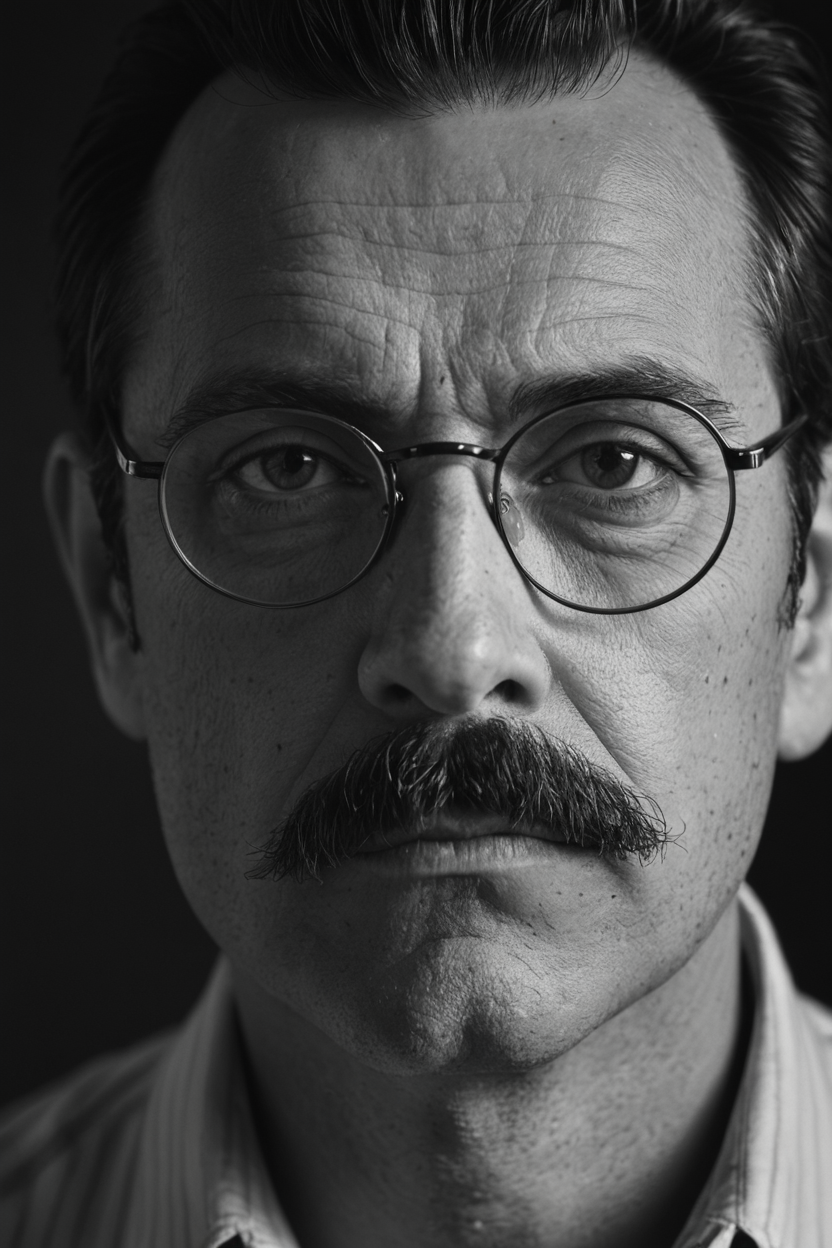 A close-up portrait of a man with moustache and glasses,looking serious into the camera. Black and white,high contrast,reminiscent of the cinematography of Freddie Young