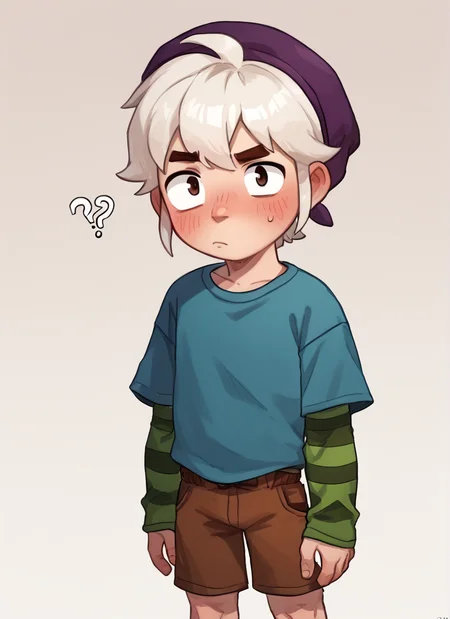 score_9, score_8_up, score_7_up, 1boy, <lora:bs_gus:1> bsgus ,green sleeves , aged down, blue shirt ,brown shorts , white hair ,Striped sleeves ,purple headwear , looking at viewer, <lora:PossumMachine:1>posmach , blush, confused, ??,