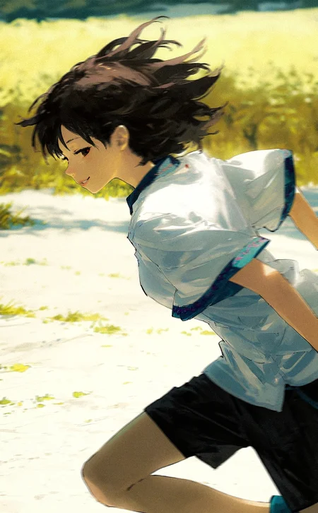 by kukka, by potg \(piotegu\), 
1girl, dynamic pose, leaning forward, from side, sideways glance, smug, lips, nose, running, 
depth of field, blurry background,  outdoors, scenery, textured hair, textured clothes, black shorts, white shirt, 
very awa, best quality, highres, masterpiece, very aesthetic,
<lora:nhl-003:0.85> nhl-003, 
<lora:nhl-004:0.6>  nhl-004,