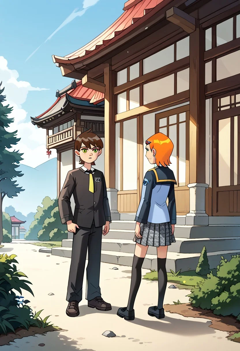 score_8, score_8_up, score_7_up, BREAK ben_gwen10, 1boy, 1girl, outdoors, japanese architecture, school, YasogamiFemaleWinter, black shirt, long sleeves, black sailor collar, yellow neckerchief, grey skirt, black thighhighs, YasogamiMaleUniform, black jacket, dress shirt, black pants