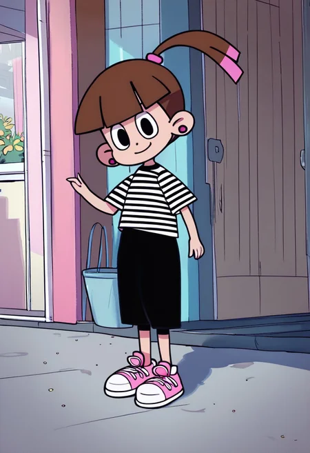 score_9, score_8_up, score_7_up BREAK SonyaToast, 1girl, brown hair, blunt bangs, black eyes, ponytail with pink accents, pink scrunchie, fuchsia pearl earrings, short-sleeved black white striped shirt, black pants, pink white high-top sneakers, smiling at viewer, cartoon, source_cartoon, child,