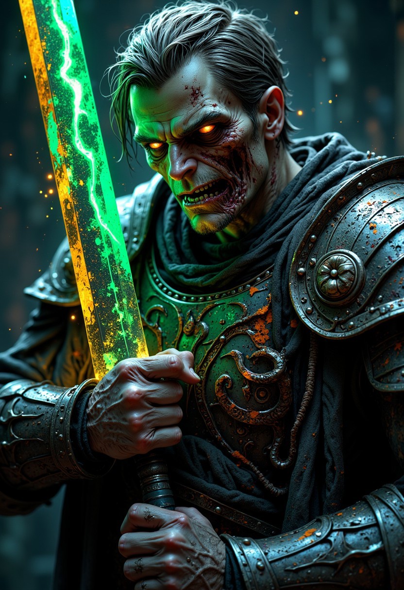 Cinematic photo of a horrifying zombie man with short, disheveled hair, wearing ancient Nordic armor reminiscent of Skyrim. His decaying hands grip a perforated carbon sword adorned with Nordic magical runes. The armor, once mighty, is now tattered with spectral flowers and vibrant acid colors seeping through the decayed metal. The eerie green glow from the sword and the spectral hues from his armor create a chilling, haunted atmosphere against a dark and foreboding background. The lighting emphasizes the ghostly glow of the sword and the eerie, vibrant details of the armor. The perspective is a close-up shot focusing on the upper half of his body, highlighting the grotesque details of his armor and the eerie, spectral light effects. Photography, high-resolution, dynamic, energetic. Optimized for FLUX.
Enhancements:
    Ray tracing to create realistic reflections and shadows, adding depth to the eerie ambiance.
    Path tracing for precise lighting effects and accurate simulations of light interactions.
    Anti-aliasing for smooth edges and a clean, high-quality look.
    HDR (High Dynamic Range) for vibrant colors and enhanced contrast.
    Depth of field to emphasize the detailed foreground with a slightly blurred background for a dramatic effect.
    Motion blur for any movement to add a dynamic feel to the scene.
    Ambient occlusion for realistic shading and depth in crevices and corners.