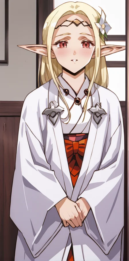 1girl,  absurdres, uncensored,
score_9, score_8_up, score_7_up, score_6_up, source_anime, zPDXL3,
(mature female),
BREAK
indoors, seductive smile, smile,
BREAK
,
BREAK
 elda, red eyes, blonde hair, long hair, pointy ears, elf, hair ornament, hair flower, japanese clothes, kimono, circlet,  
<lora:Urushihara Satoshi_XL_PONY_V2:0.9>,<lora:edomaeelf:0.8>