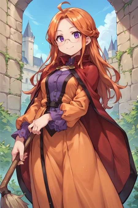 score_9, score_8_up, score_7_up, score_6_up, source_anime, BREAK,<lora:Eudy:0.8> , eudef, 1girl, purple eyes, orange hair, long hair, (glasses), orange dress, shirt under dress, purple shirt, red cape, cowboy shot, (looking at viewer), smile, closed mouth, castle, scenery, <lora:backgroundsetXL:0.4> , background, holding broomstick,  <lora:MeyekePonyXL:0.7>