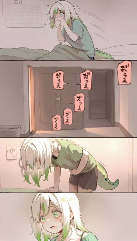<lora:midis_MorningSickness_V0.1[IL]:1>,morningsickness, <lora:midis_Midori_V1[IL]:1> , midori, white hair, hair down, tail, masterpiece,best quality,amazing quality,very aesthetic,absurdres,newest,