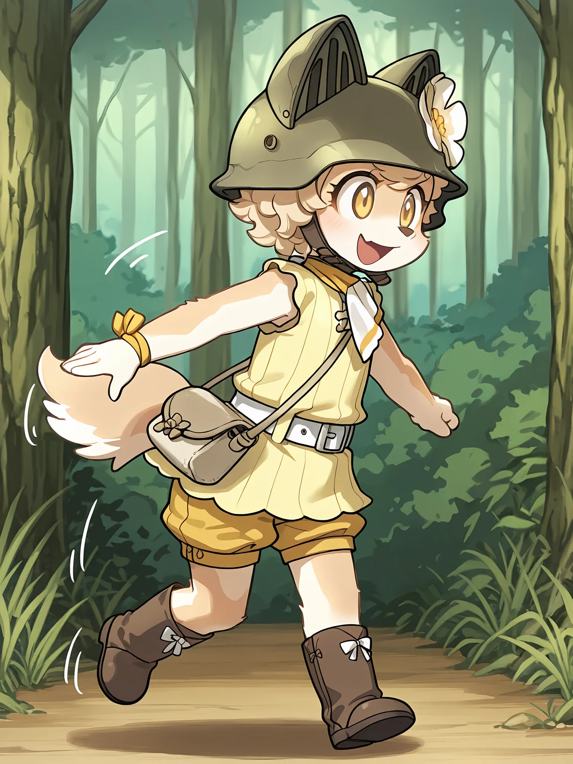BREAK, <lora:Chick_Montblanc_Illustrious_V1:1>, Chick Montblanc, Fuga: Melodies of Steel, kemono, furry female, 1girl, dog girl, beige fur, white fur, multicolored fur, yellow eyes, blonde hair, short hair, animal ears, dog ears, dog tail,
BREAK, Fuga 2 Outfit, brown boots, yellow shorts, yellow dress, sleeveless, white ribbon, white belt, handbag, yellow neckerchief, wrist ribbon, helmet, flower on helmet,
BREAK, solo, full body, open smile, happy, outside, forest, motion lines, adventurous