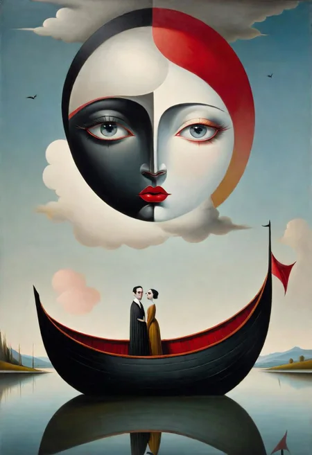 masterpiece.up portrait of diverse model couple with man bright white face, and women dark black face with red eyes looking straight at you in a boat on a mirror lake by hyeronimus bosch.More surrealism and madness.much more surrealism and crazy designs. With gold and cardinal red surreal Salvador Dali clouds coming out of her head.more surrealism and bizarre designs with bright vibrant colours.