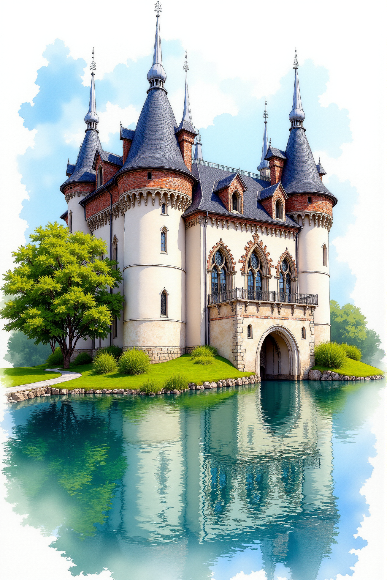 <lora:Vibrant_watercolor_v.22:0.8> WatercolorSketch style. The image is a highly detailed, photorealistic CGI rendering of a picturesque, medieval-style castle, likely inspired by European Gothic architecture. The castle, known as Schloss Schönbrunn, is situated on a small island in a serene, crystal-clear lake, reflecting its imposing structure. The castle’s façade is a harmonious blend of white stone and red brick, with intricate stonework details accentuating the towers and walls. The building's most striking features include two prominent, conical towers with steep, dark grey slate roofs and small, pointed spires atop them. The main body of the castle has a symmetrical design with tall, narrow windows and arched doorways, giving it a majestic, almost fairy-tale appearance. The castle's walls are adorned with a mixture of rectangular and arched windows, adding to its regal charm. The lush green landscape surrounding the castle features a mix of manicured lawns, small gardens, and a few scattered trees, including a large, lush green tree on the left side.
